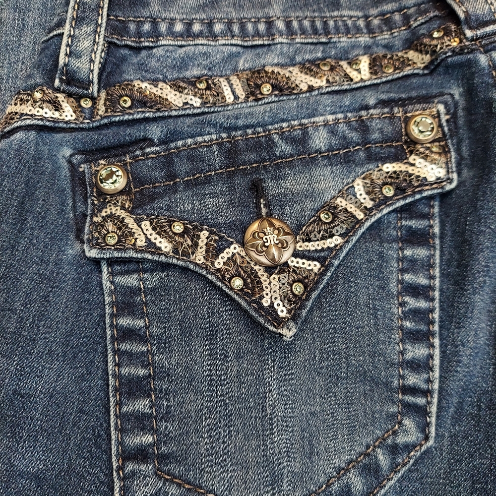 Miss Me 26 x 29 blue Bling Embroidered  Denim Boot cut Jeans - Picture 3 of 7